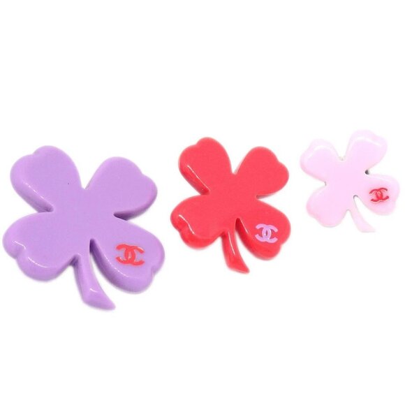 Chanel 3set Brooch Pin Purple Red Pink Clover 04P - Picture 1 of 4